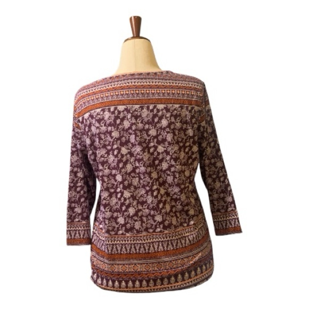 Rebecca Malone Plum Burgundy Orange Tunic Blouse Shirt Top Floral V-Neck Size L - Picture 3 of 12